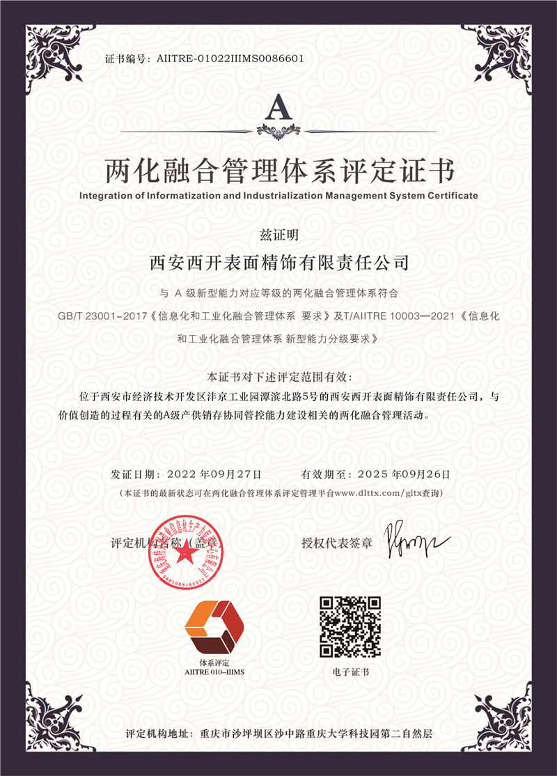 yl6776永利集团有限所属子企业yl6776永利集团精饰荣获两化治理系统A级评定证书-yl6776永利集团
